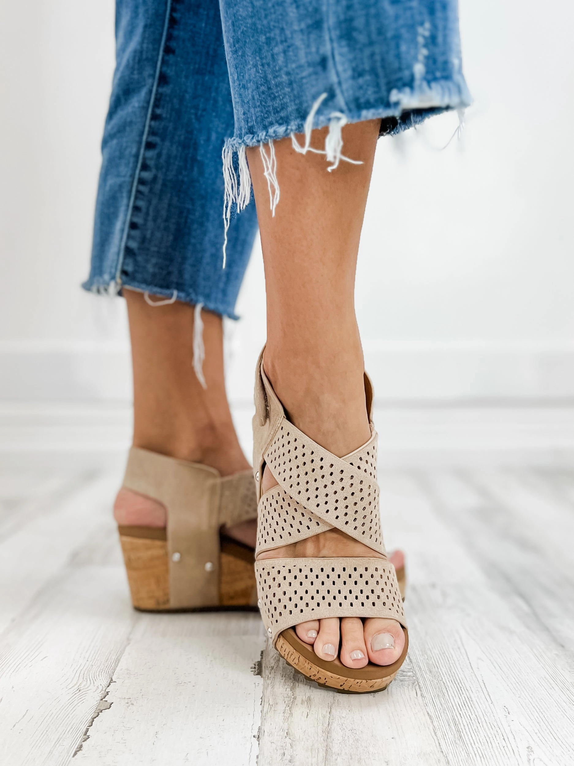 Corky's Guilty Wedge Sandal in Sand Faux Suede