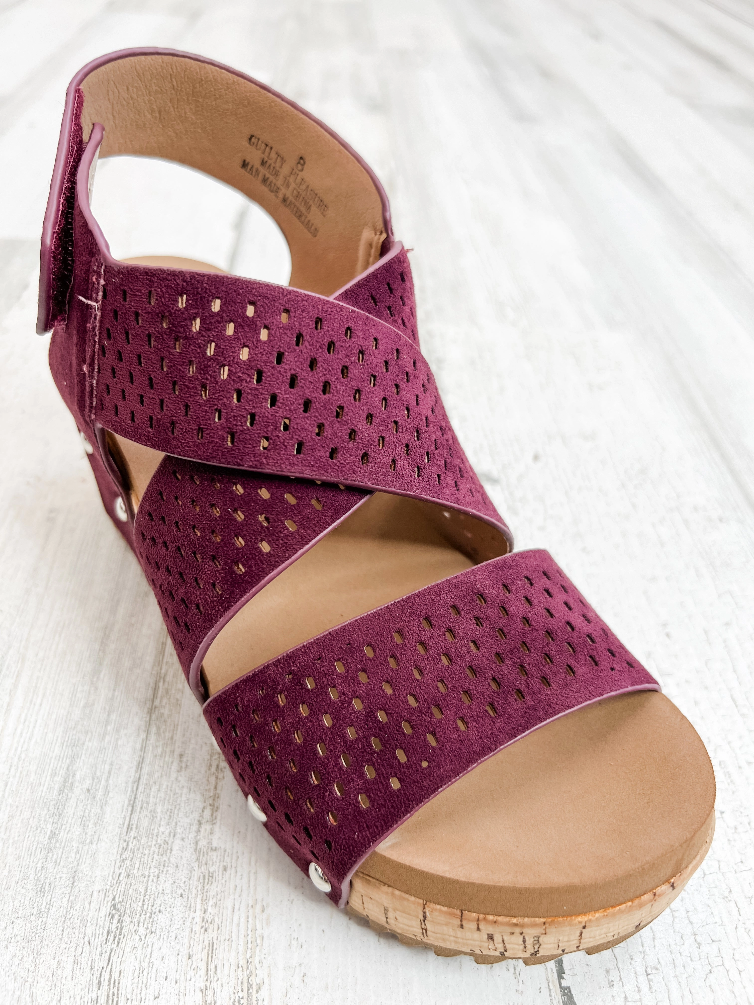 Corky's Guilty Wedge Sandal in Wine Faux Suede