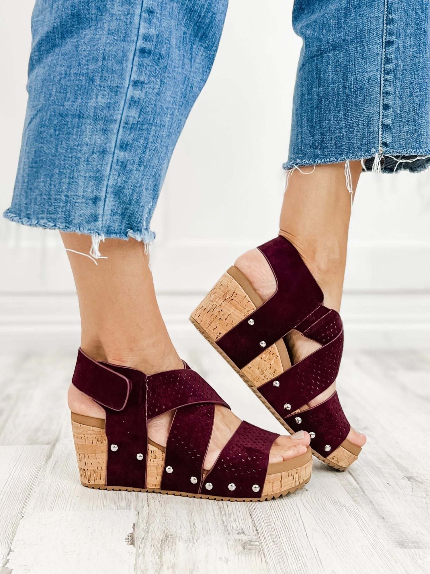 Corky's Guilty Wedge Sandal in Wine Faux Suede