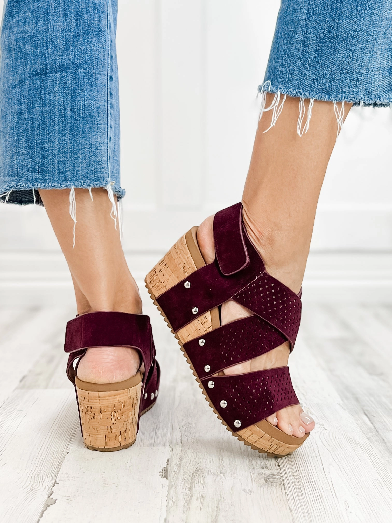 Corky's Guilty Wedge Sandal in Wine Faux Suede