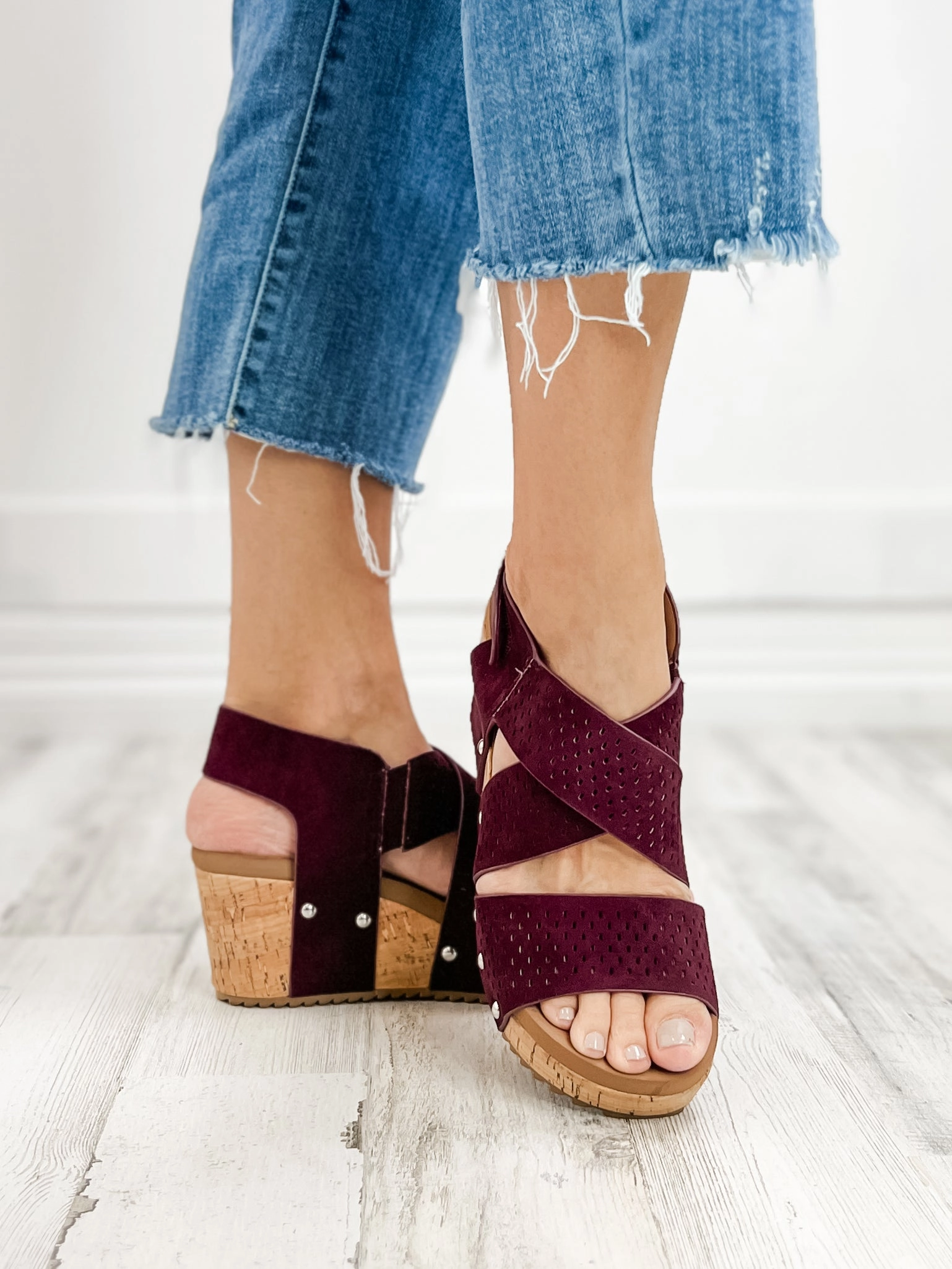 Corky's Guilty Wedge Sandal in Wine Faux Suede