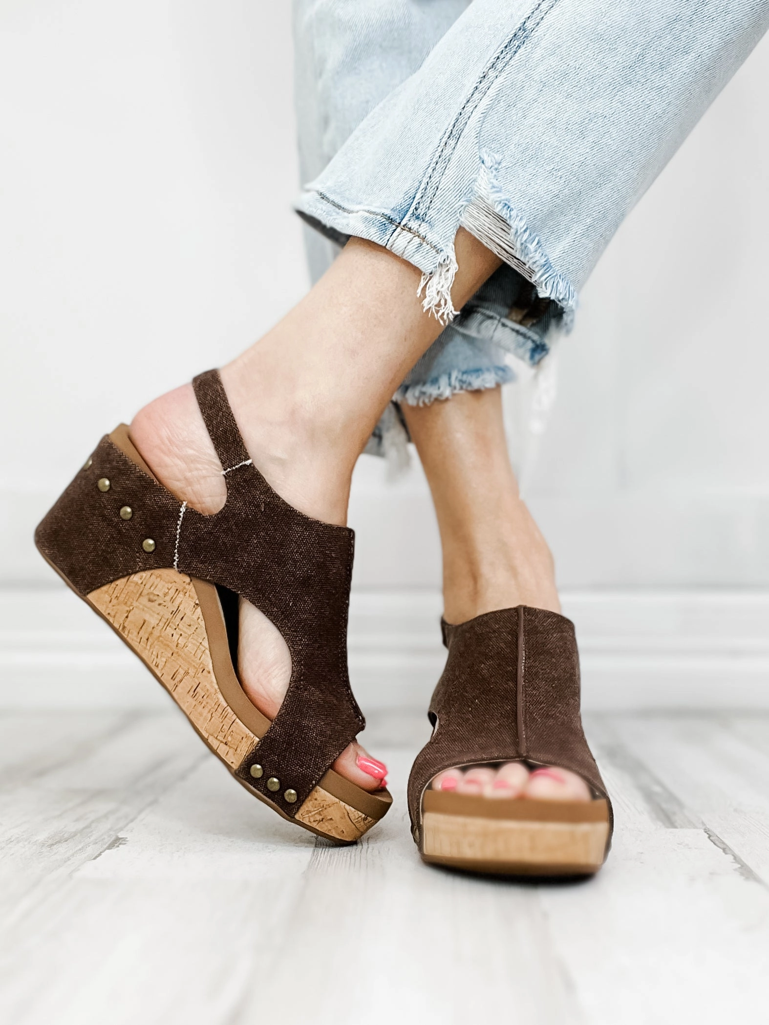 Corkys Carley Brown Washed Canvas Wedge Shoe