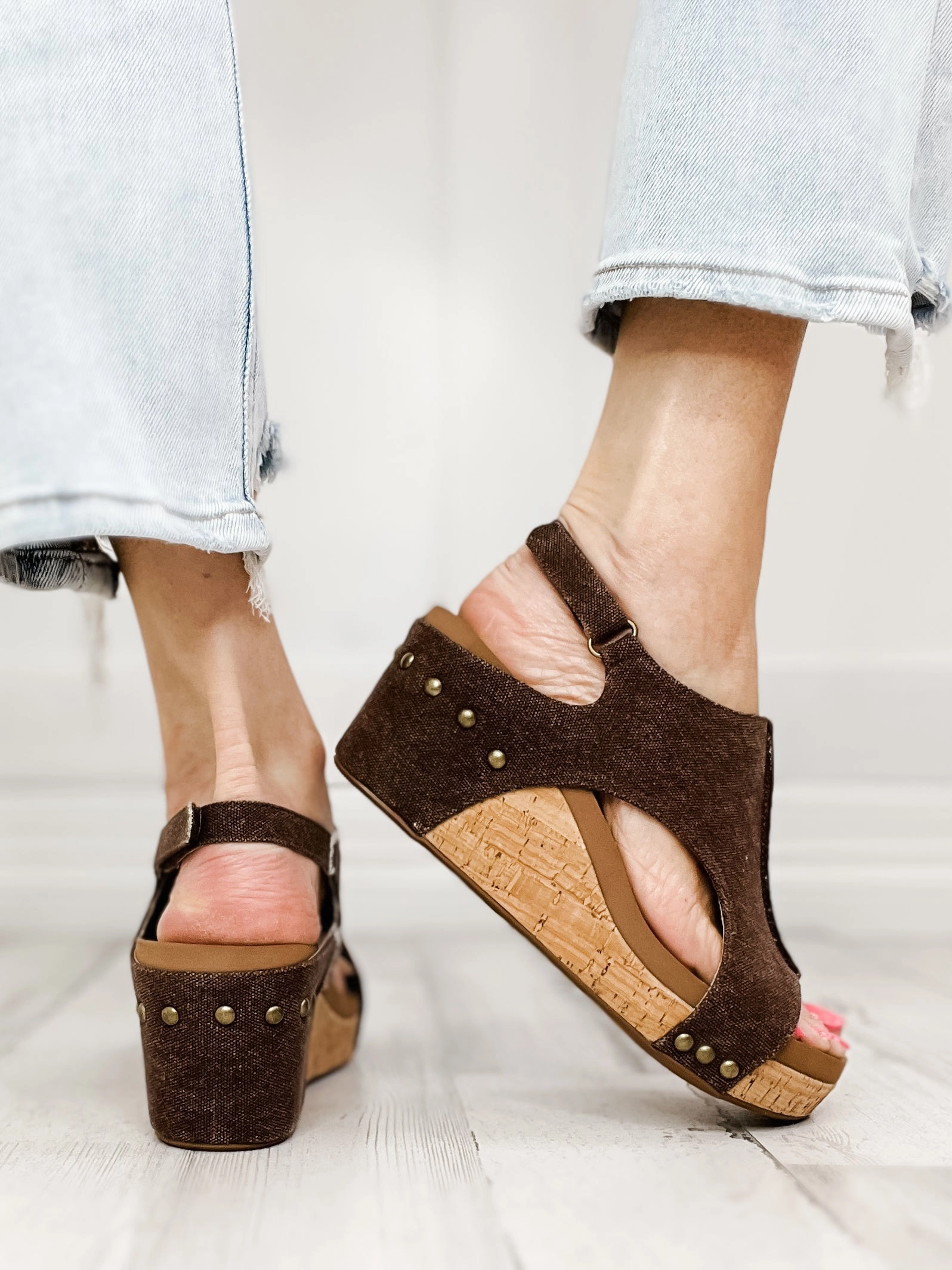 Corkys Carley Brown Washed Canvas Wedge Shoe