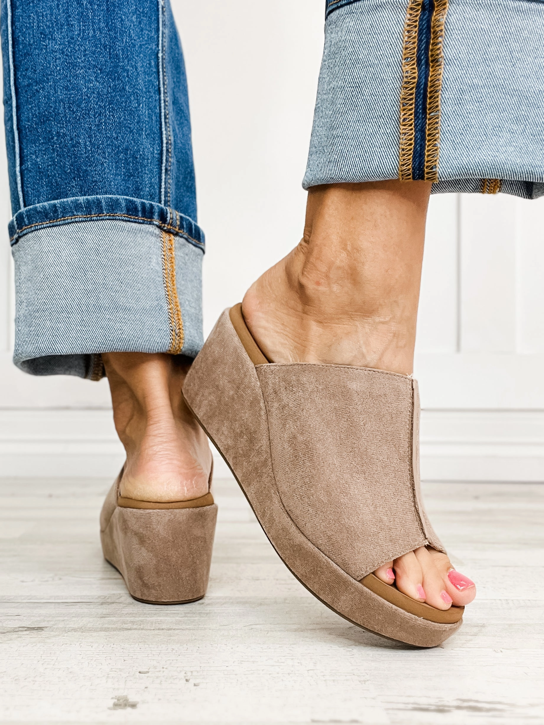Corkys Here For It Open Toe Wedges in Light Grey Faux Suede