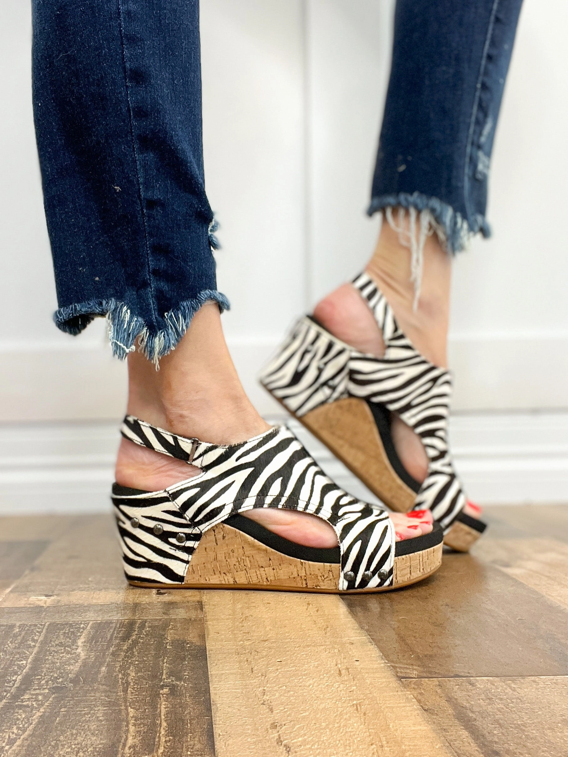 Corkys Pasture Wedge Sandals in Zebra