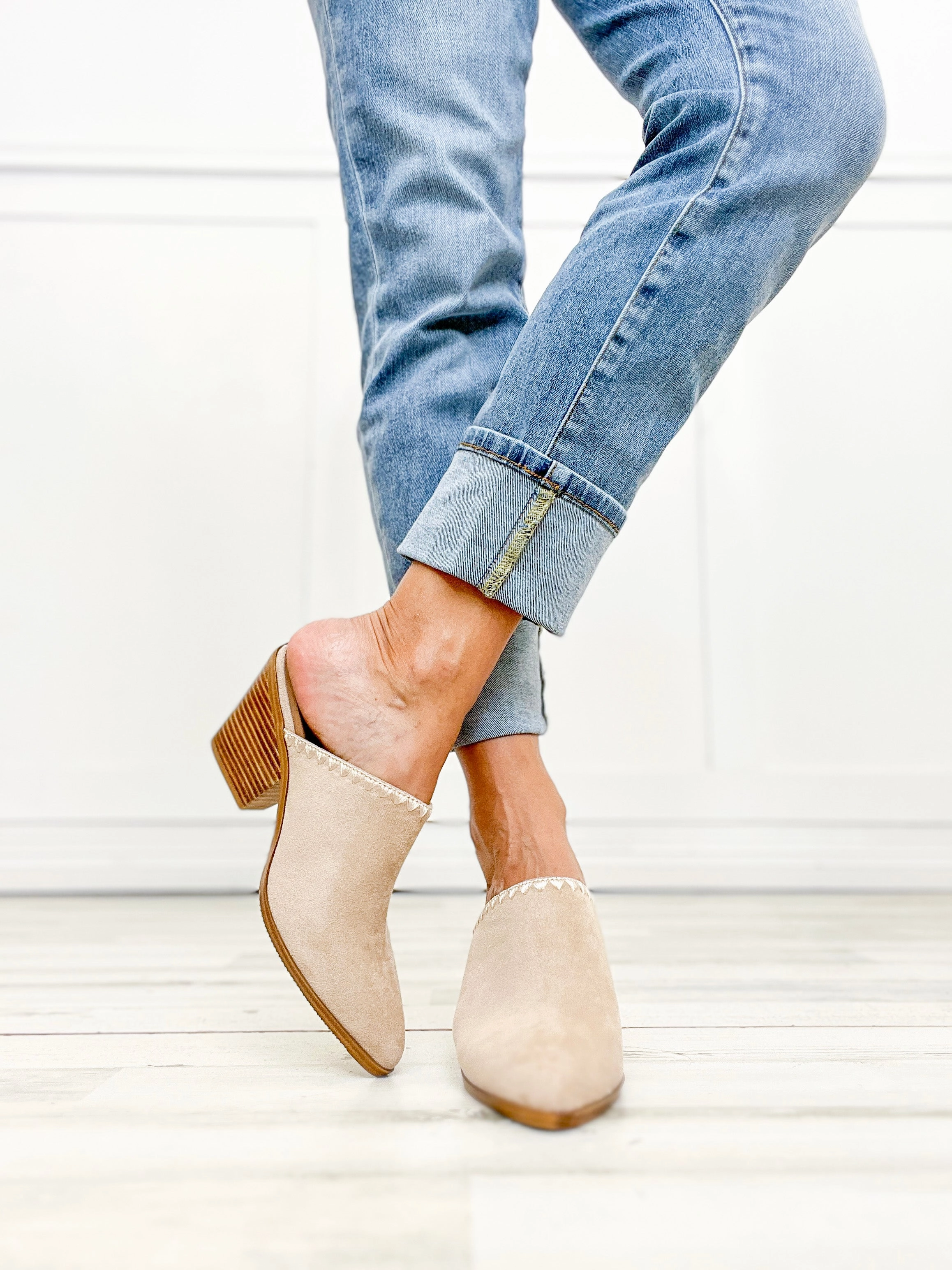 Corkys Sizzle Pointed Toe Mules in Sand Faux Suede