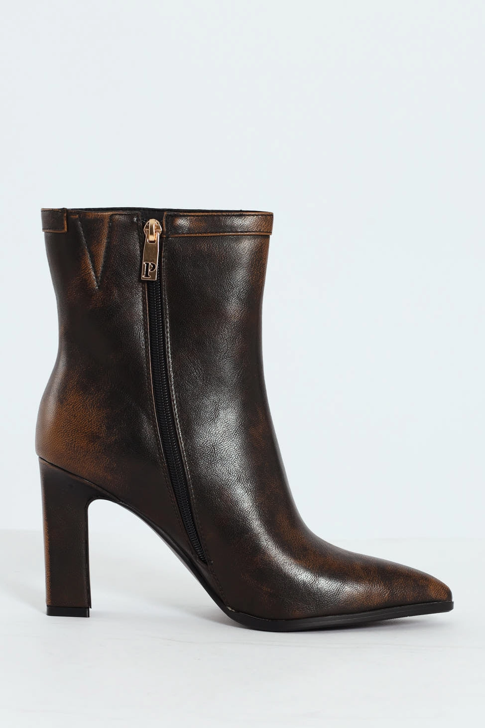Distressed Pointed Toe Ankle Heeled Boot - Brown