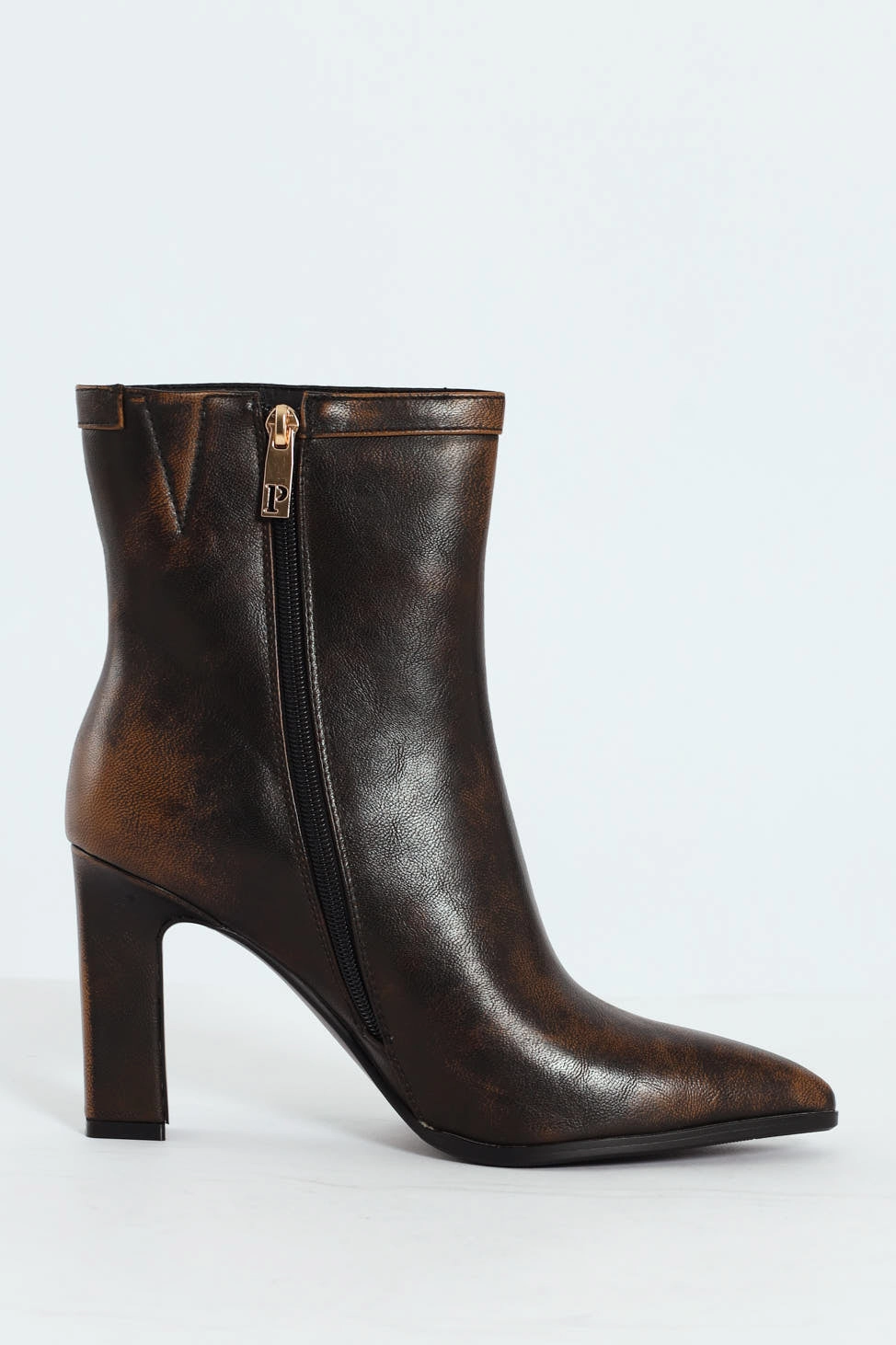 Distressed Pointed Toe Ankle Heeled Boot - Brown