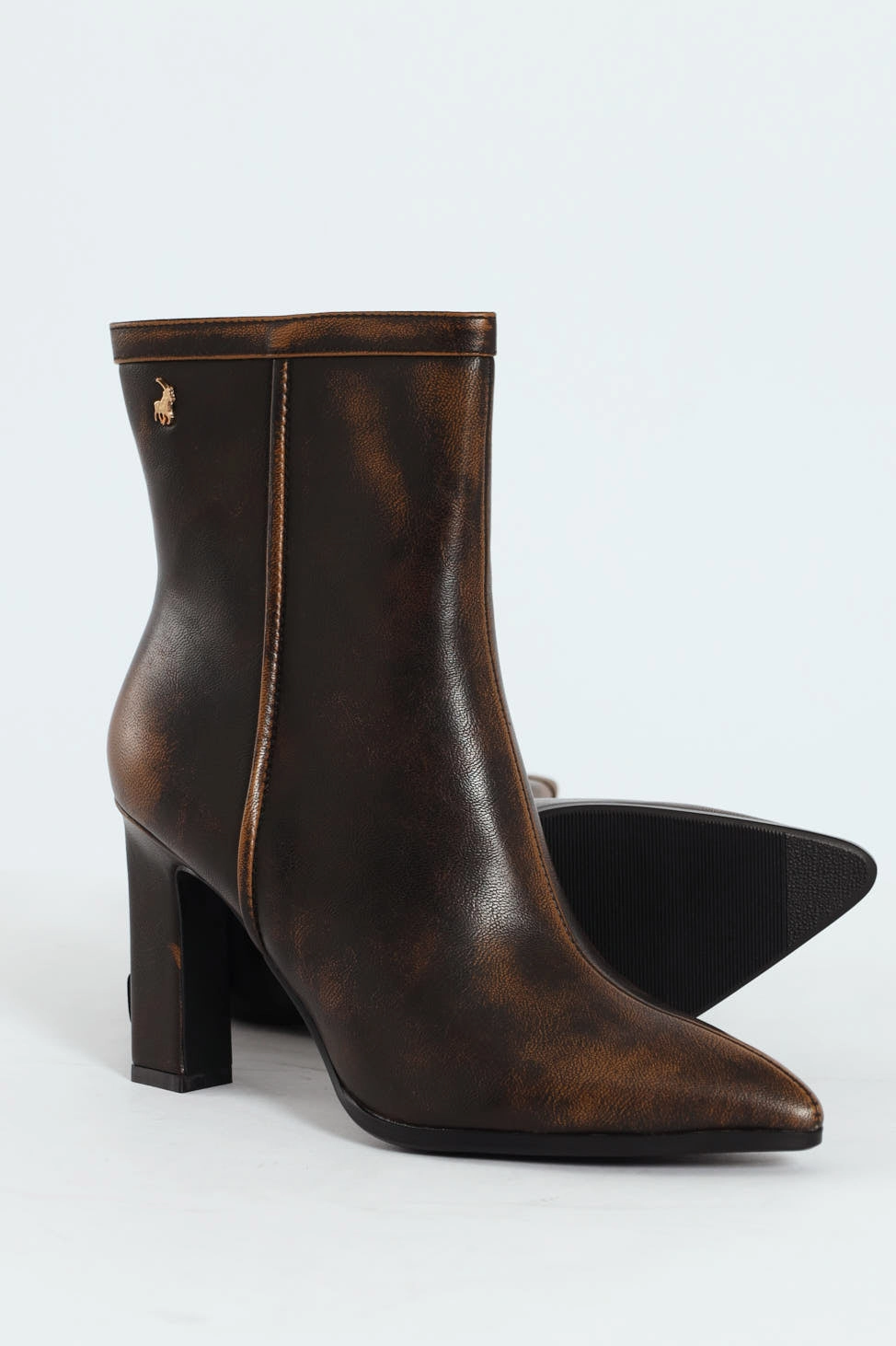 Distressed Pointed Toe Ankle Heeled Boot - Brown