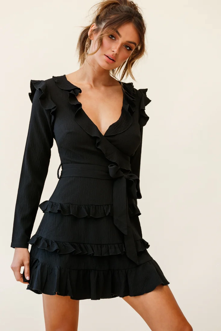 Jemirah Ruffle-Trimmed Long Sleeve Frill Dress Black