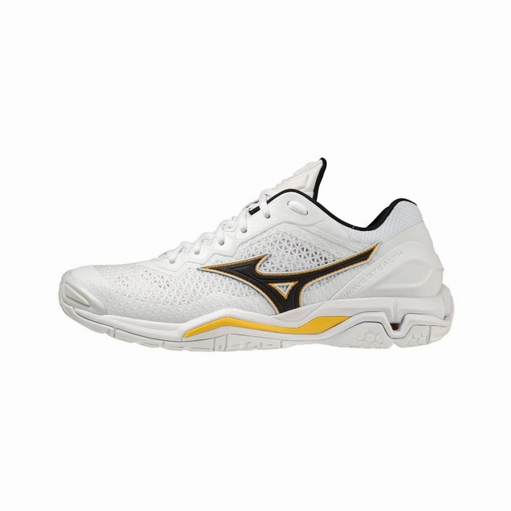 Mizuno Herren Wave Stealth V Shoes. White/Black/Lemon Chrome. 44.5 EU
