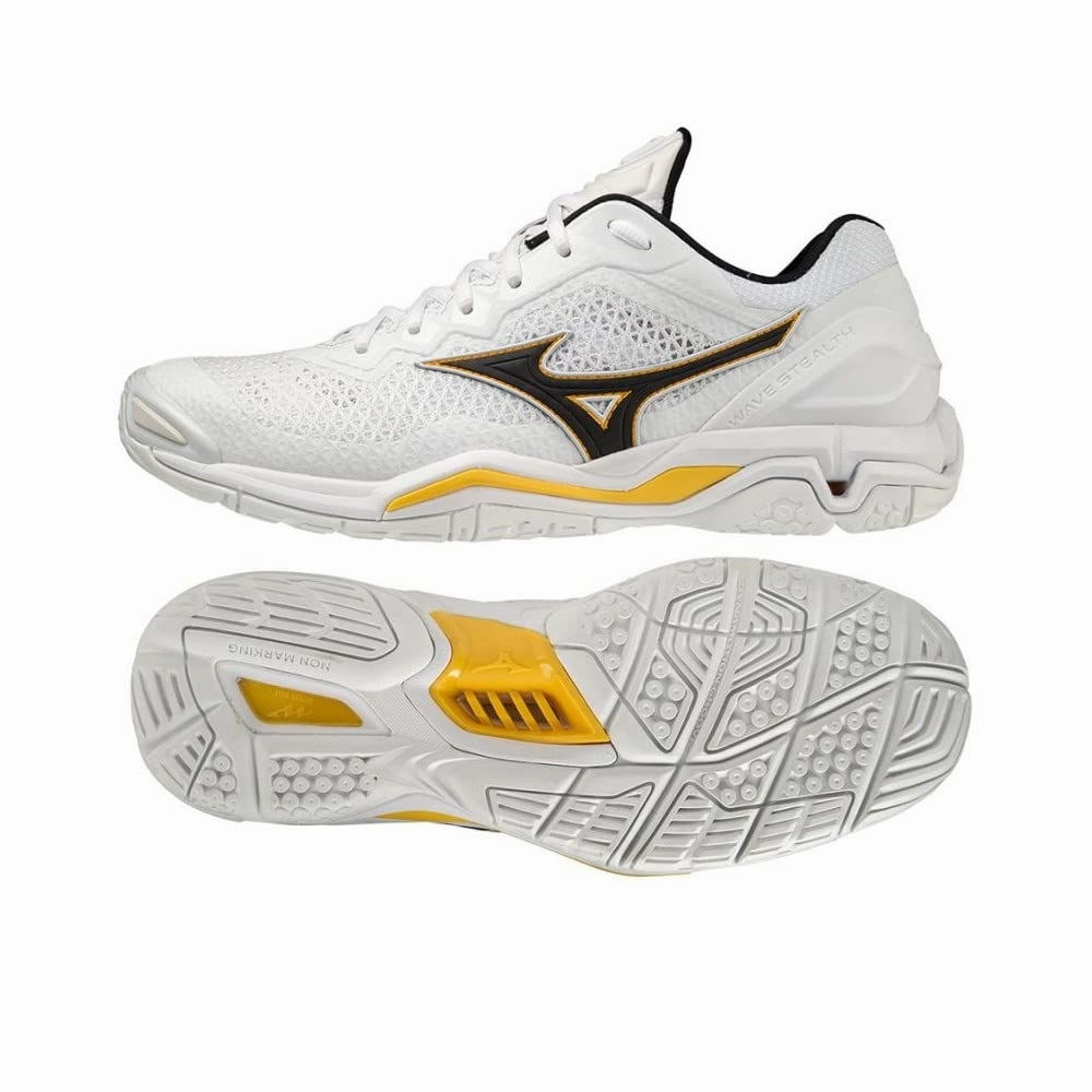 Mizuno Herren Wave Stealth V Shoes. White/Black/Lemon Chrome. 44.5 EU