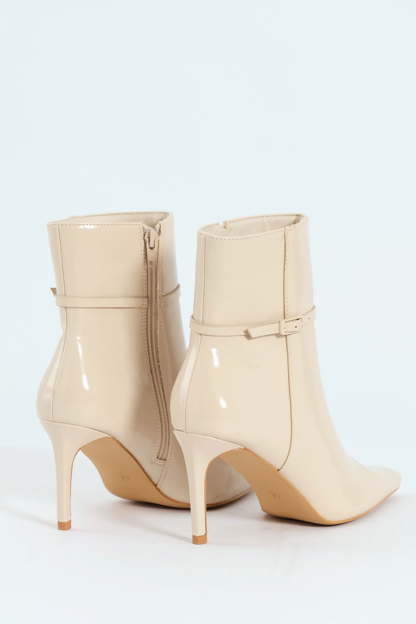 Pointed Self Colour Strap Ankle Boot - Beige