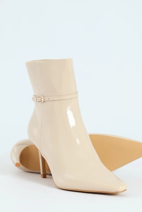 Pointed Self Colour Strap Ankle Boot - Beige