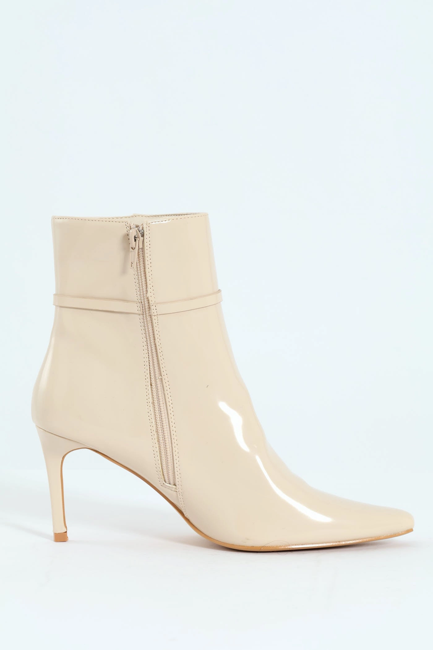Pointed Self Colour Strap Ankle Boot - Beige