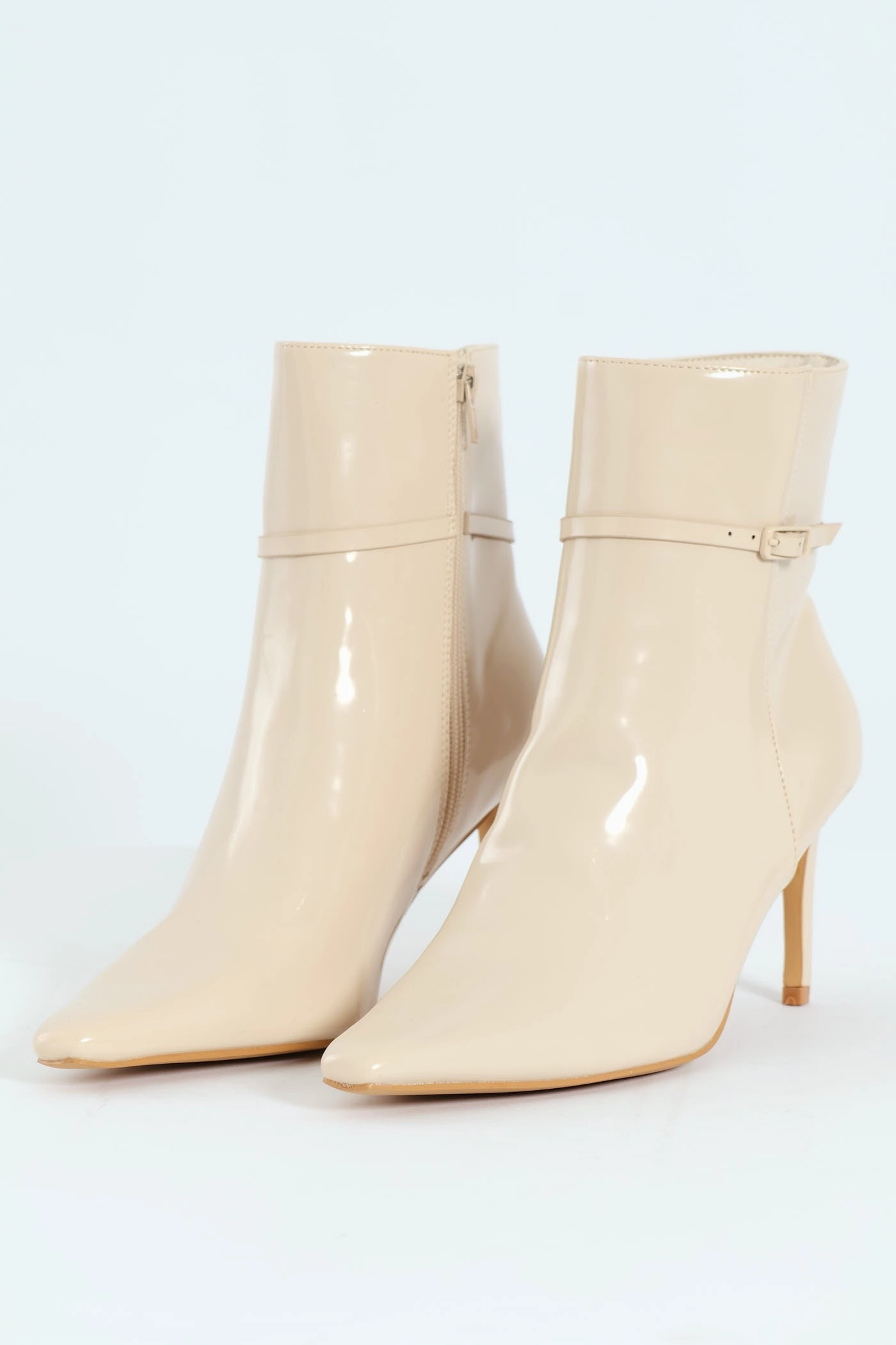 Pointed Self Colour Strap Ankle Boot - Beige