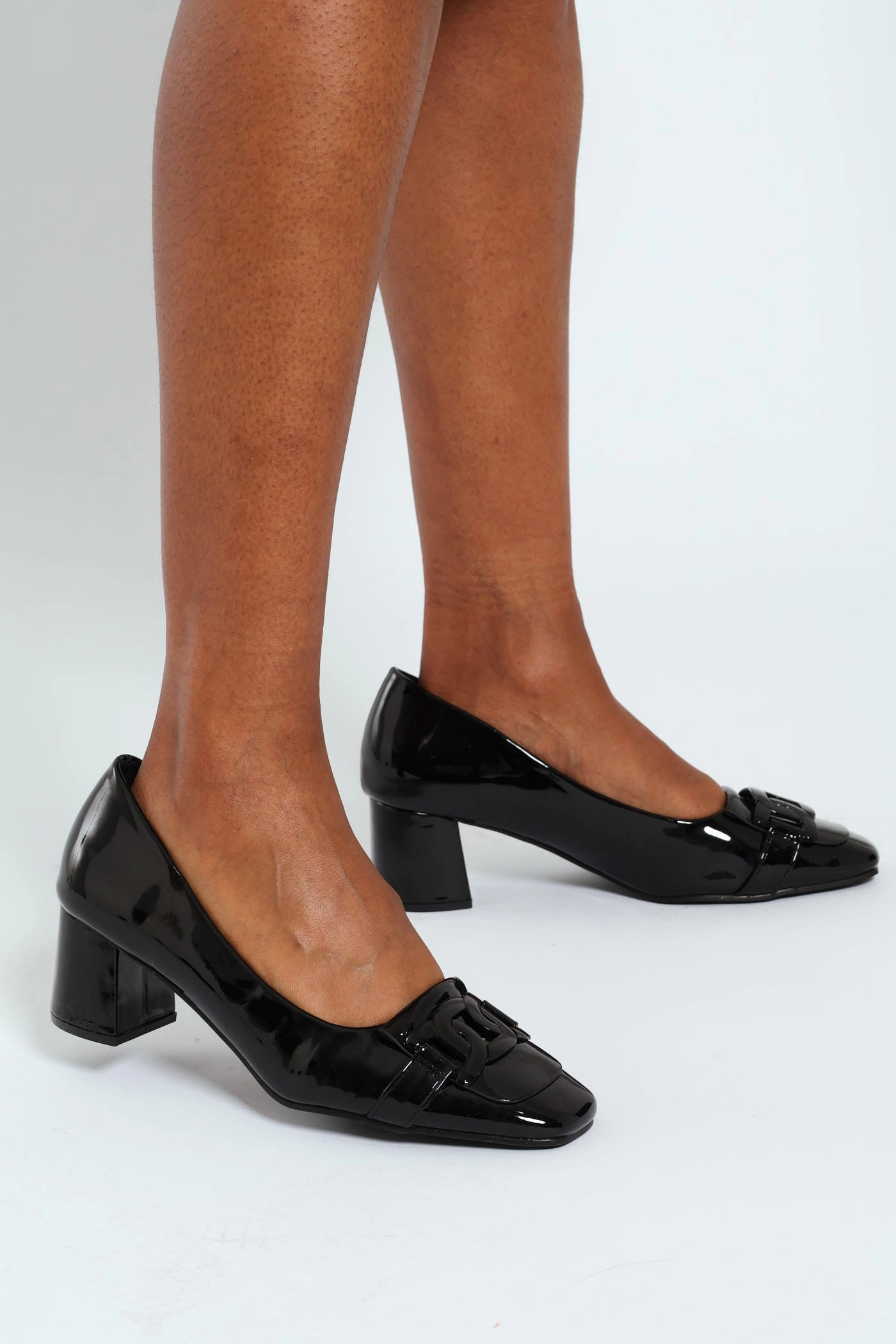 Self Colour Trim Patent Block Court Heel - Black
