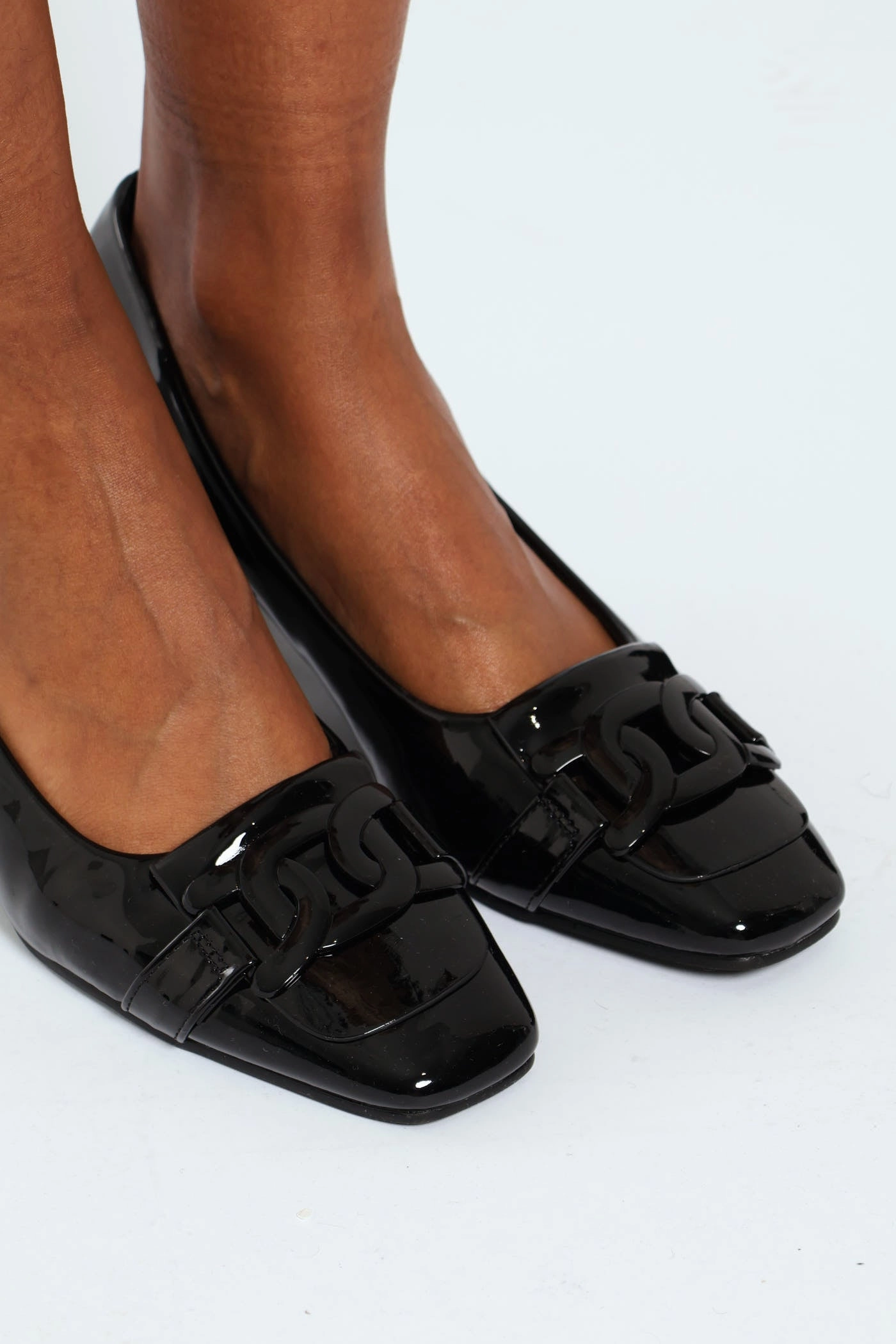 Self Colour Trim Patent Block Court Heel - Black