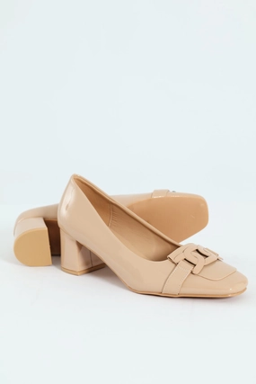 Self Colour Trim Patent Block Court Heel - Cream