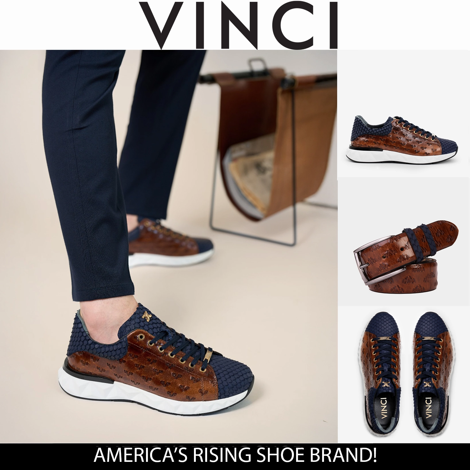 The Caesars Navy & Tan Leather Men Sneaker